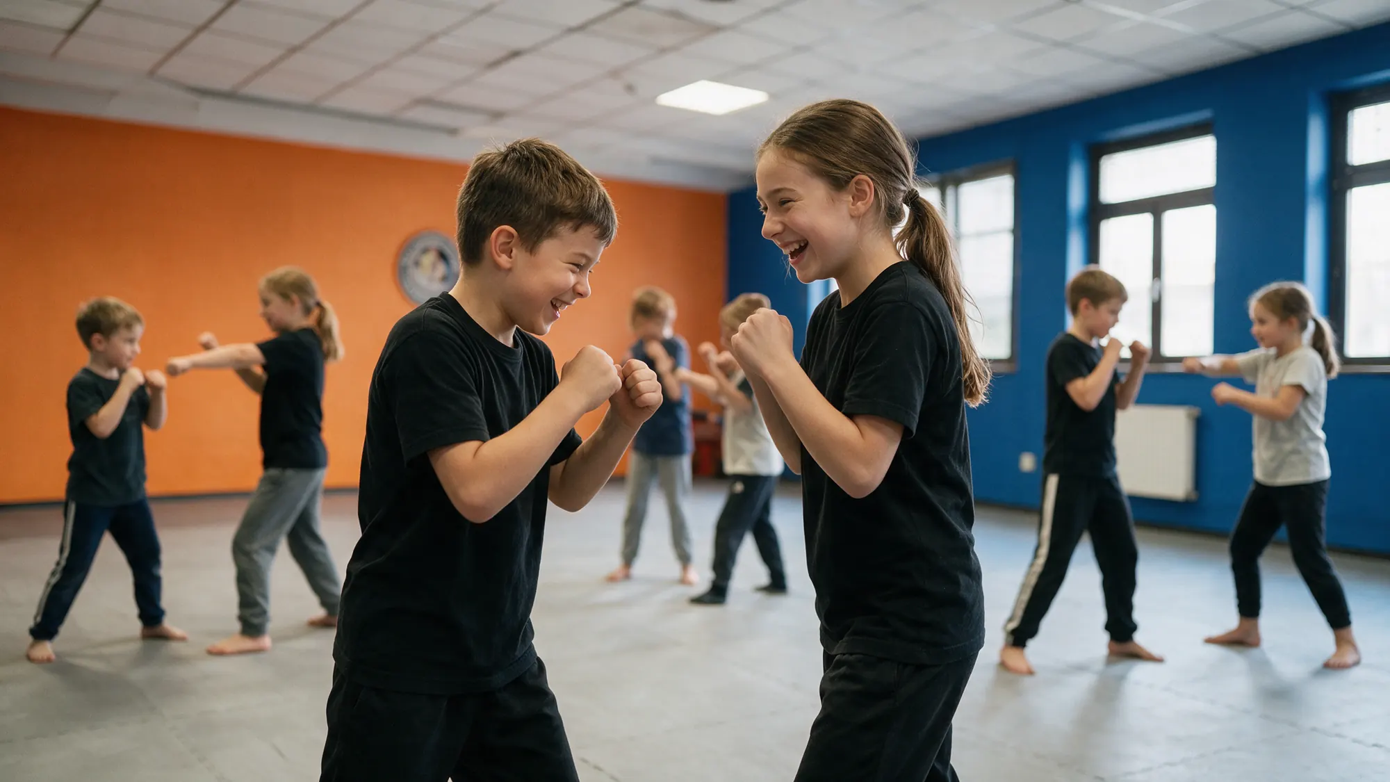Ein Junge und ein Mädchen lachen beim Krav-Maga-Training für Kinder